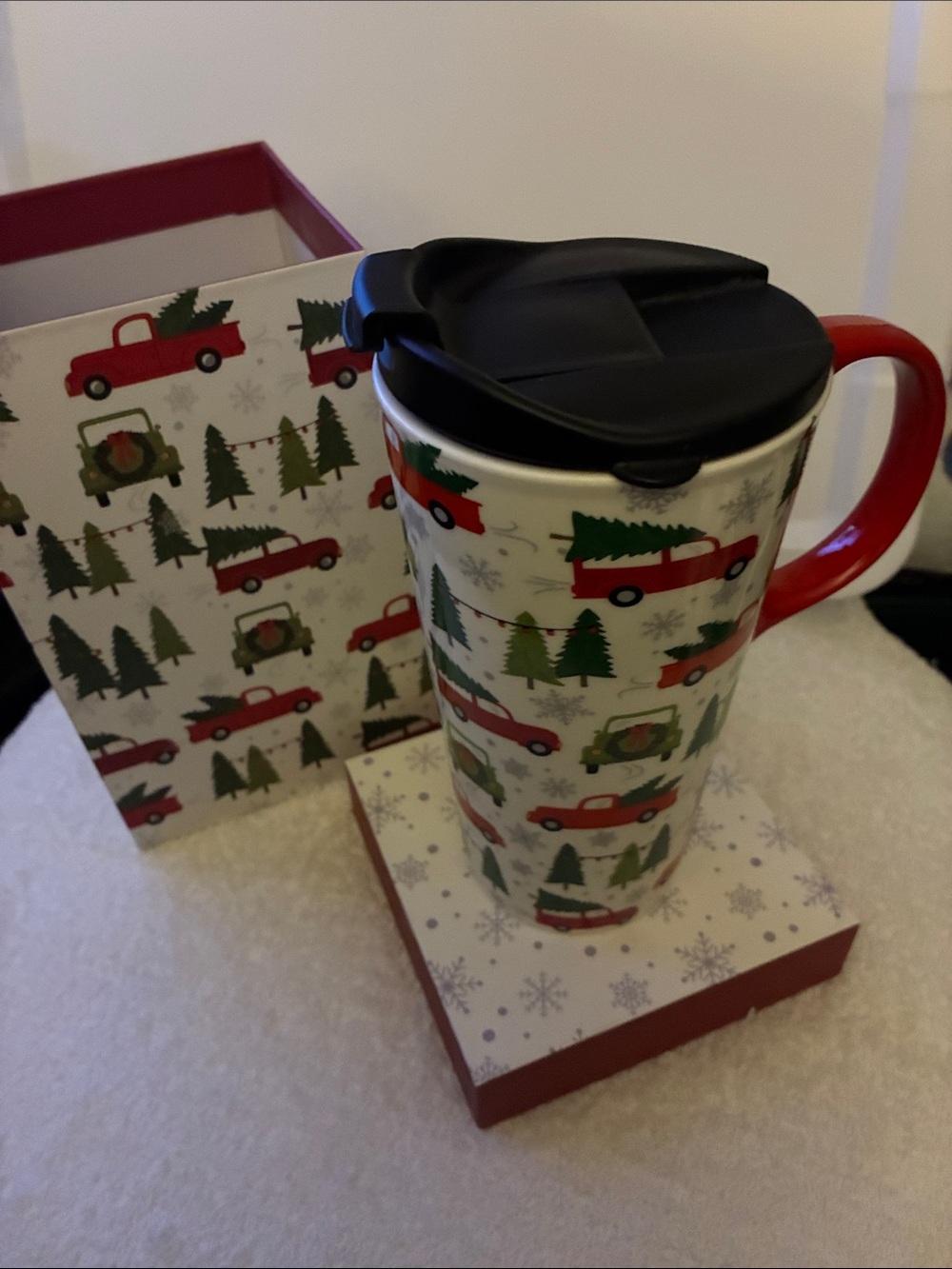 Christmas Red Truck Travel Mug with Black Lid